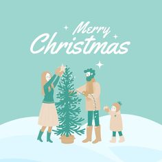 a family is decorating a christmas tree in front of the words merry christmas on a blue background