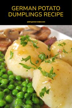 a white plate topped with green peas and potatoes