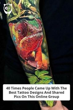 a man with a tattoo on his arm that has an image of a chamelon