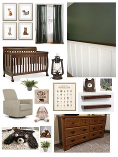 a baby's room with green walls and pictures on the wall, including a crib