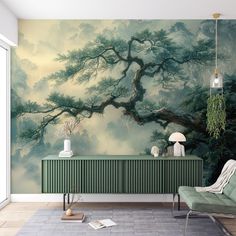 a living room with a large painting on the wall