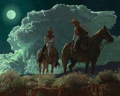 two men riding horses in the desert under a cloudy night sky with full moon behind them