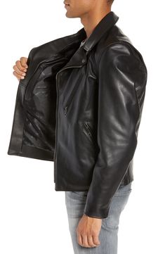 A quintessential moto jacket crafted from heavyweight cowhide leather with a waxy finish is designed with all the classic details of a ready-to-ride style. Bi-swing shoulders allow for easy movement on or off the bike. Style Name:Schott Nyc Waxy Cowhide Leather Moto Jacket. Style Number: 5769862. Classic Leather Jacket For Motorcycling, Classic Leather Motorcycle Jacket, Moto Leather Outerwear With Double-needle Sleeve, Classic Leather Biker Jacket, Classic Leather Biker Jacket For Biker Events, Classic Black Leather Motorcycle Jacket, Classic Leather Jacket For Motorcycling In Fall, Classic Long Sleeve Leather Jacket For Motorcycling, Classic Fitted Leather Biker Jacket