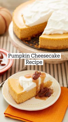 pumpkin cheesecake recipe with whipped cream and cranberry sauce on the top slice