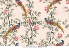 seamless wallpaper with birds and flowers on pink background stock photo edit now for free