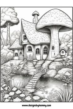 a drawing of a mushroom house with stairs leading up to the roof and trees around it