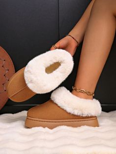 Fluffy Snow Boots, Outdoor & Indoor Slippers With Thick Sole, Warm Cross-Border Fleece-Lined Slip-On Yellow     Plain    Women Shoes, size features are:Bust: ,Length: ,Sleeve Length: Shoes For Women Flats, Warm Boots Women, Ankle Snow Boots, Warm Snow Boots, Heels Platform, Women Flats, Warm Boots, Slip On Boots, Snow Boots Women