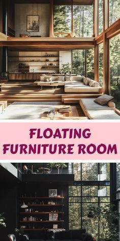 A Pinterest pin featuring two images showcasing a spacious and modern living room designed with floating furniture. It highlights how to create an airy feel while maximizing space and functionality.