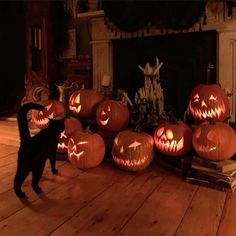 a black cat standing in front of pumpkins carved to look like jack - o'- lanterns