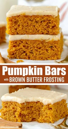 pumpkin bars with brown butter frosting are stacked on top of each other and ready to be eaten