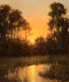 a painting of trees and water at sunset