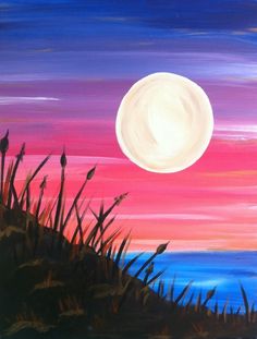 an acrylic painting of a full moon setting over the ocean with grass in foreground