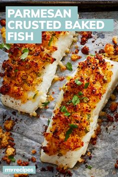 parmesan crusted baked fish on a baking sheet with text overlay that reads, parmesan crusted baked fish