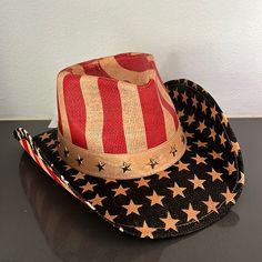 American Flag Hat. Brand New. Cowboy Hat Americana Rodeo Hat With Curved Brim, Americana Curved Brim Hat For Rodeo, Americana Style Curved Brim Hat For Rodeo, Fun Hat With Curved Brim For Country Events, Fun Mini Hats For Summer Rodeo, Red Patriotic Summer Hat, Fun Short Brim Rodeo Hat, Red Beach Hat For 4th Of July, Fun Short Brim Hat For Rodeo