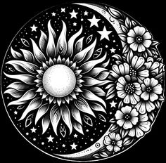 the sun and moon are depicted in this black and white drawing