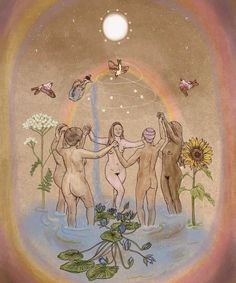 three nude women are dancing in the water under a rainbow colored sky with butterflies and flowers