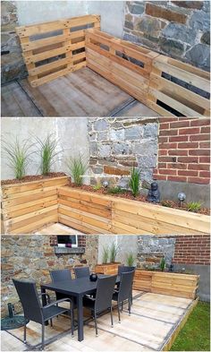 an outdoor dining area made out of pallet wood