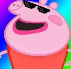 a cartoon pig with sunglasses on his head and tongue out in front of a multicolored background