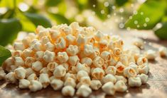 a pile of white popcorn sitting on top of a wooden table next to green leaves