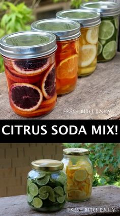 citrus soda mix in mason jars with lemons, cucumbers and pickles