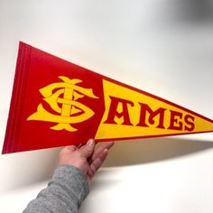 a person holding up a red and yellow pennant