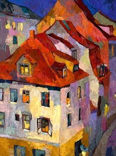 an oil painting of houses with red roofs