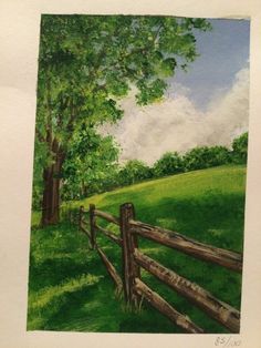 a painting of a tree and fence in a field with green grass on the ground