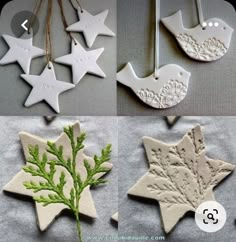 christmas ornaments made from clay are shown in four different ways, including one for the tree and one for the star ornament