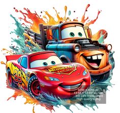 two cartoon cars are in the air with paint splatters on them and one is smiling