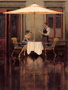 a painting of a man and woman sitting at a table in front of an umbrella