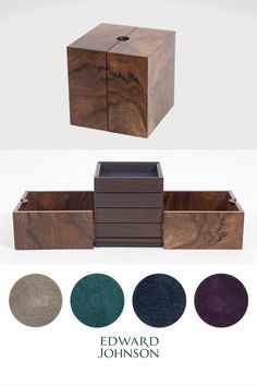 a wooden box with four different colors on the lid and two sections in each side