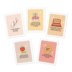 four cards with different sayings on them, one has an apple and the other is a laptop