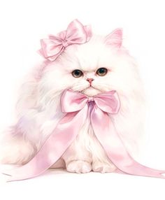 a white cat with a pink bow around its neck