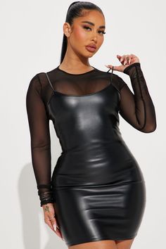 Taytum Faux Leather Mini Dress Set - Black | Fashion Nova, Dresses | Fashion Nova Faux Leather Mini Dress, Black Leather Dress, Black Leather Mini Skirt, Backless Long Dress, Fashion Gal, Black Leather Dresses, Leather Mini Dress, Fashion Marketing, Curvy Women Jeans