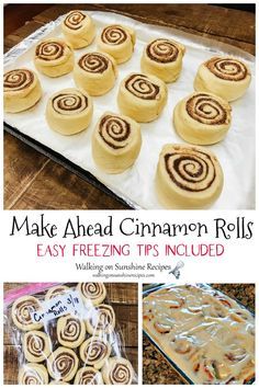 some cinnamon rolls are on a baking sheet and in the process of being made with icing