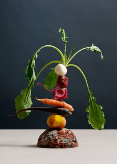 a sculpture made out of carrots, radishes and other vegetables on top of a rock