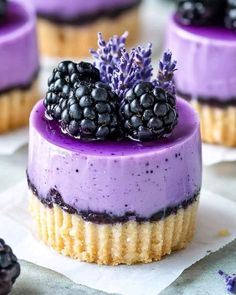 small cakes with purple frosting and blackberries on top are sitting next to each other