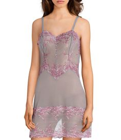 Wacoal Embrace Lace Chemise - Lilac Grey/Multi L Fitted Lace Underbust Camisole, Sheer Mesh Camisole With Spaghetti Straps, Fitted Lace Camisole With Contrast Lace, Lace Camisole Chemise In Coquette Style, Fitted Sheer Pink Camisole, Sheer Lace Chemise With Spaghetti Straps, Coquette Lace Chemise With Spaghetti Straps, Lace Chemise With Spaghetti Straps In Coquette Style, Sleeveless Lace Chemise With Built-in Bra