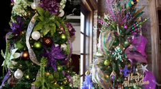 two christmas trees decorated with purple and green decorations