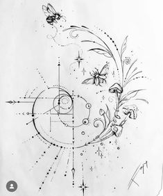 a black and white drawing of a sun with two bees on it's side