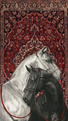 two white horses standing next to each other in front of a red and blue rug