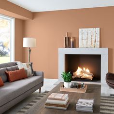 a living room with a fire place in the fireplace