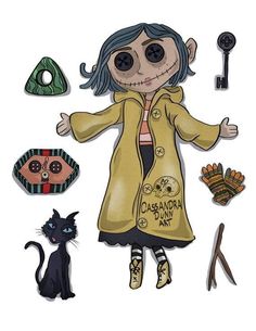 a drawing of a woman in a coat and some other items