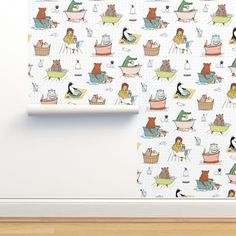 the wallpaper is decorated with cats and dogs in bathtubs on white paper