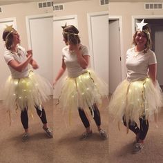 three girls dressed up in costumes with lights on their heads and tutus, one wearing a tiara