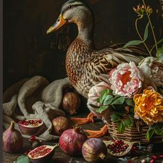 a duck surrounded by flowers and fruit in a basket on a table with other items