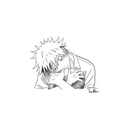 a black and white drawing of an anime character hugging someone's head with his arm around him