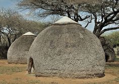 an african village with grass huts and trees in the background