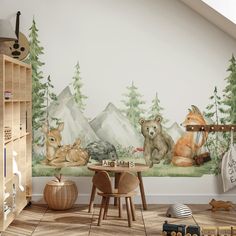 a children's room with a wall mural featuring animals and mountain scene in the background