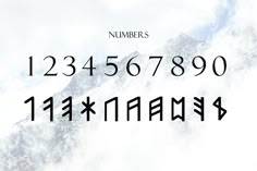 the numbers are written in black on a white background with mountains and clouds behind them